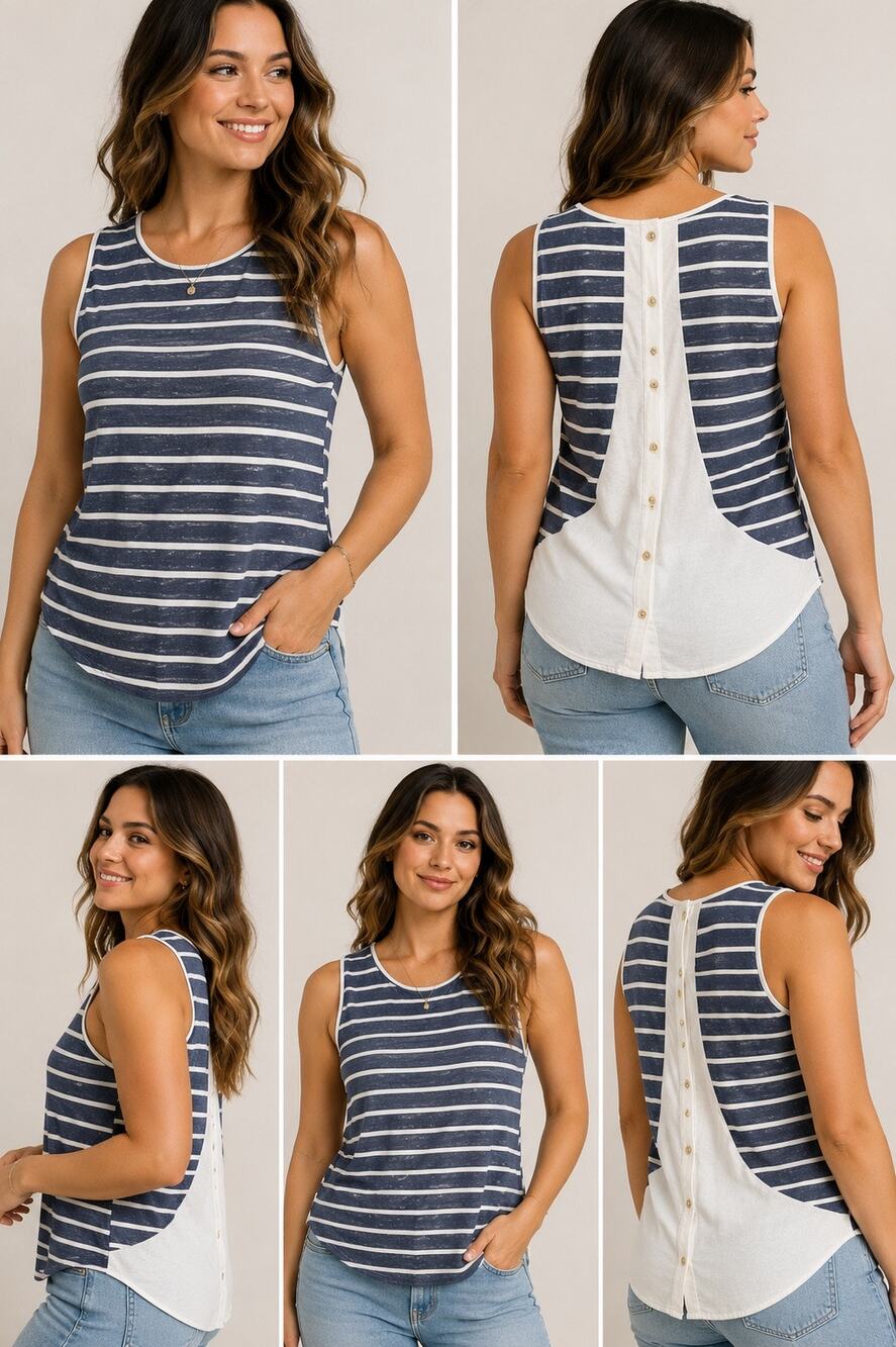 Pink Clover Blue & White Striped Sleeveless Tank Top Button Back Relaxed Fit L